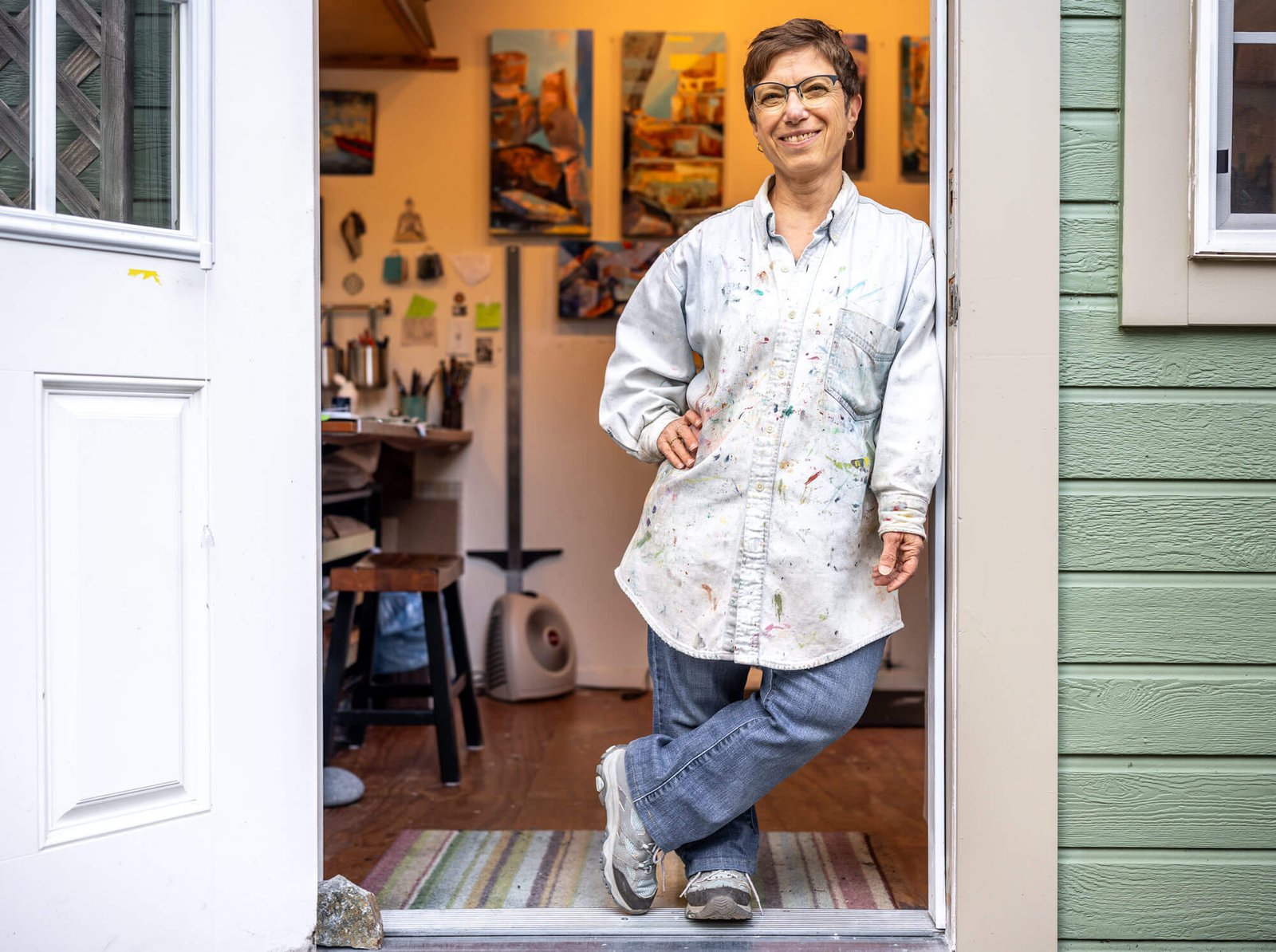 Artist and art therapist, Annie Danberg, in her San Rafael, California, art studio